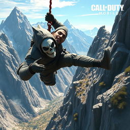 A dynamic action scene depicting Ghost, a character from Call of Duty Mobile, plummeting from a steep mountain