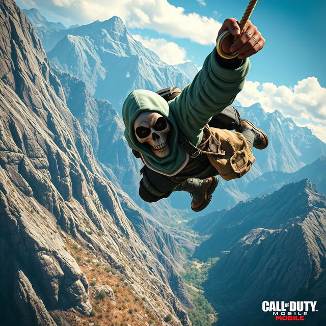 A dynamic action scene depicting Ghost, a character from Call of Duty Mobile, plummeting from a steep mountain