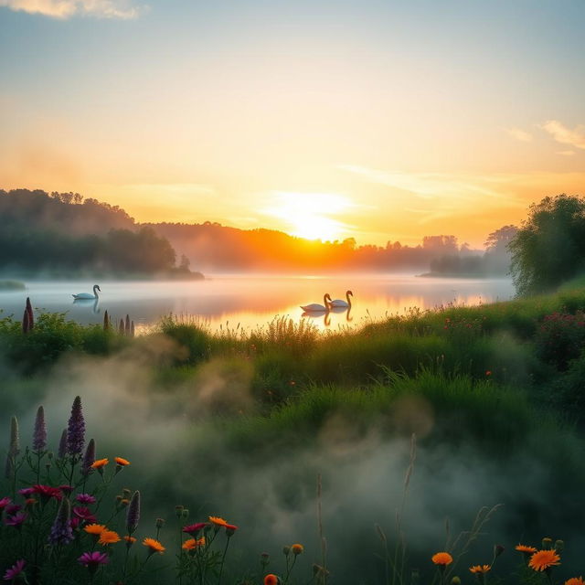 A beautifully composed scene showcasing a serene landscape at sunrise, where soft golden rays of sunlight illuminate a tranquil lake surrounded by lush greenery and vibrant wildflowers