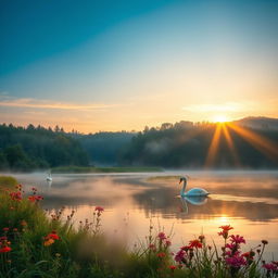 A beautifully composed scene showcasing a serene landscape at sunrise, where soft golden rays of sunlight illuminate a tranquil lake surrounded by lush greenery and vibrant wildflowers