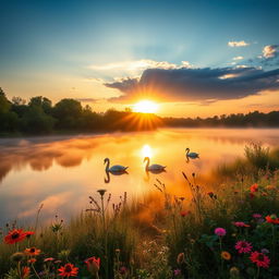 A beautifully composed scene showcasing a serene landscape at sunrise, where soft golden rays of sunlight illuminate a tranquil lake surrounded by lush greenery and vibrant wildflowers