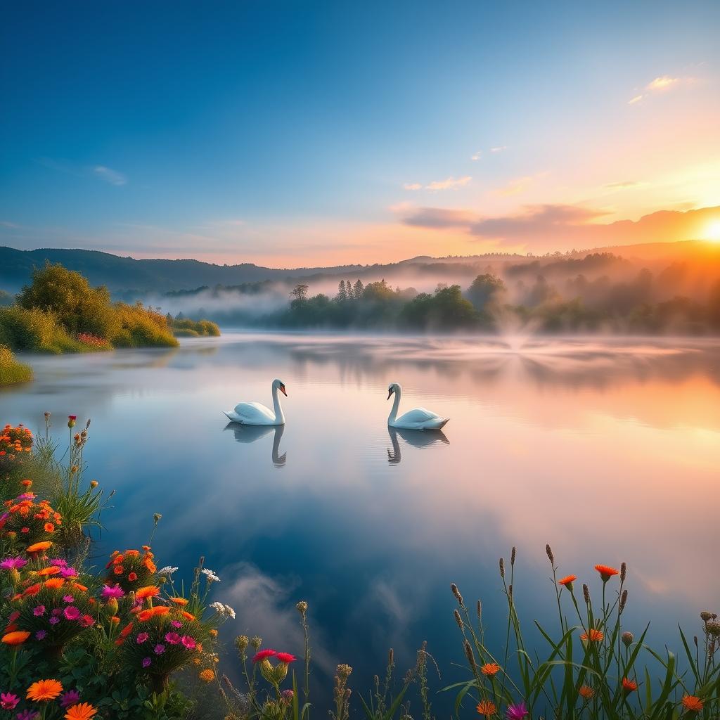 A beautifully composed scene showcasing a serene landscape at sunrise, where soft golden rays of sunlight illuminate a tranquil lake surrounded by lush greenery and vibrant wildflowers