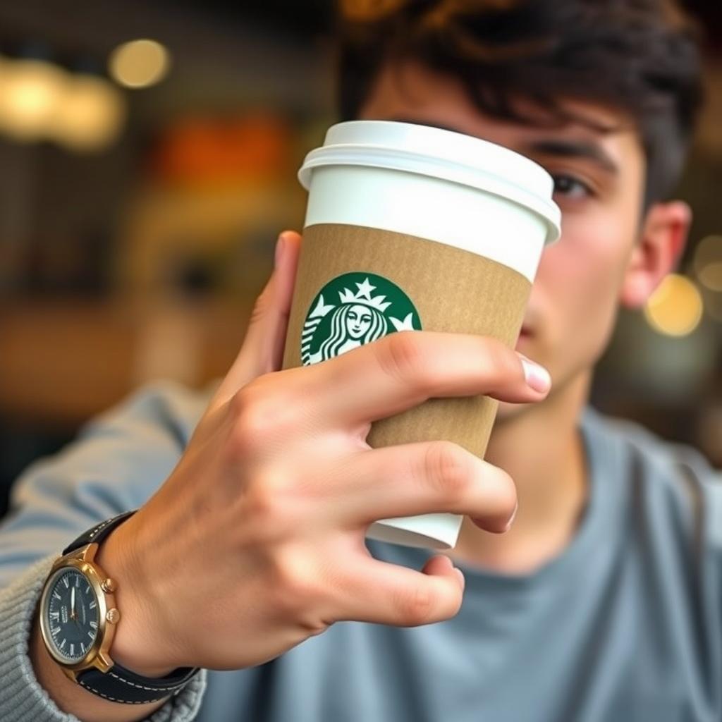 A close-up shot of a young man with a casual style holding a Starbucks cup in one hand, wearing a stylish watch on his wrist