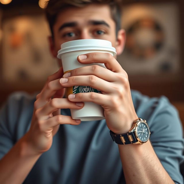 A close-up shot of a young man with a casual style holding a Starbucks cup in one hand, wearing a stylish watch on his wrist