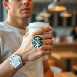A close-up shot of a young man with a casual style holding a Starbucks cup in one hand, wearing a stylish watch on his wrist