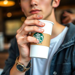 A close-up shot of a young man with a casual style holding a Starbucks cup in one hand, wearing a stylish watch on his wrist