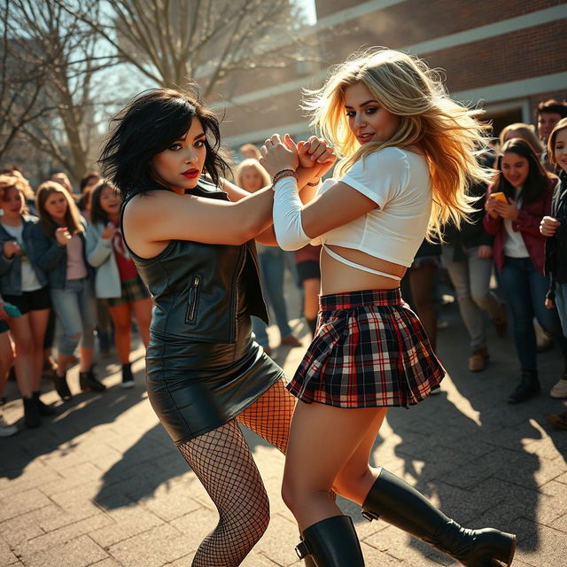 A dramatic scene in a schoolyard where a sexy, hot, beautiful, stunning, and curvy girl with medium messy black hair and crystal blue eyes is in a fierce tussle with another curvy, thick girl with long blond hair