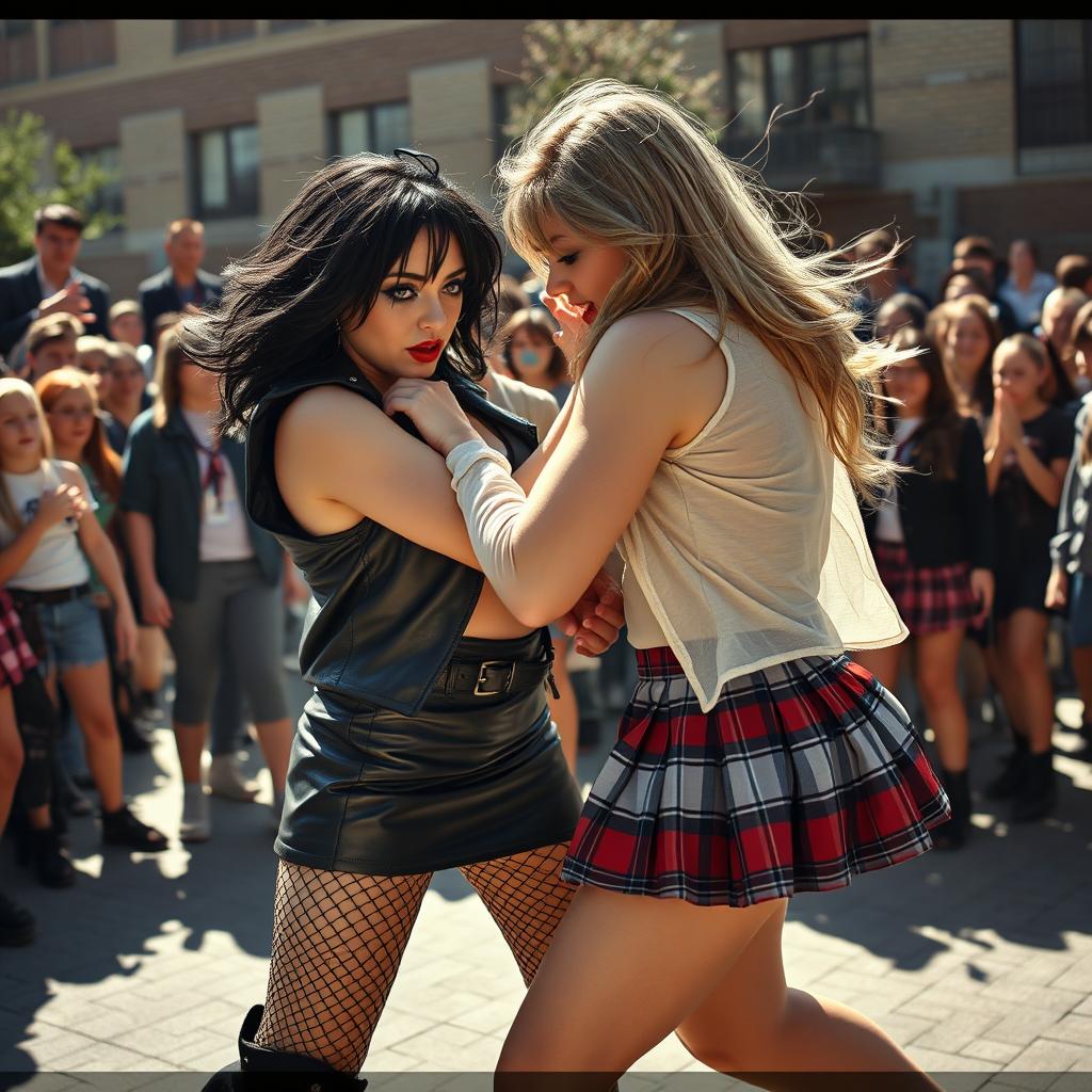 A dramatic scene in a schoolyard where a sexy, hot, beautiful, stunning, and curvy girl with medium messy black hair and crystal blue eyes is in a fierce tussle with another curvy, thick girl with long blond hair