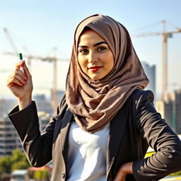 A portrait of a young Kurdish woman wearing a stylish hijab, showcasing her confidence and professionalism as a civil engineer