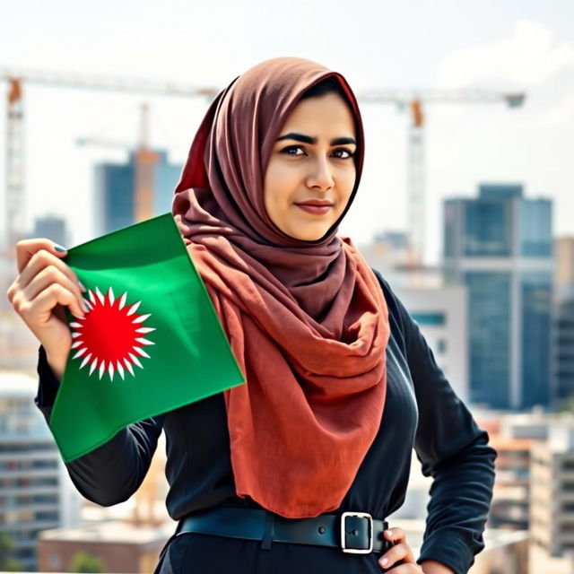 A portrait of a young Kurdish woman wearing a stylish hijab, showcasing her confidence and professionalism as a civil engineer