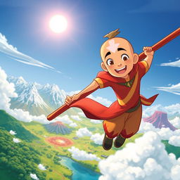 An original artwork inspired by the Legend of Aang, featuring Aang in his iconic Air Nomad attire, flying on a glider over the world of Avatar