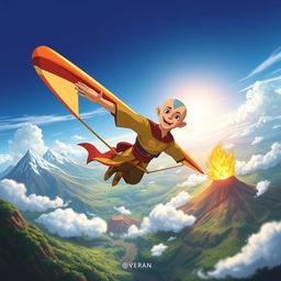 An original artwork inspired by the Legend of Aang, featuring Aang in his iconic Air Nomad attire, flying on a glider over the world of Avatar