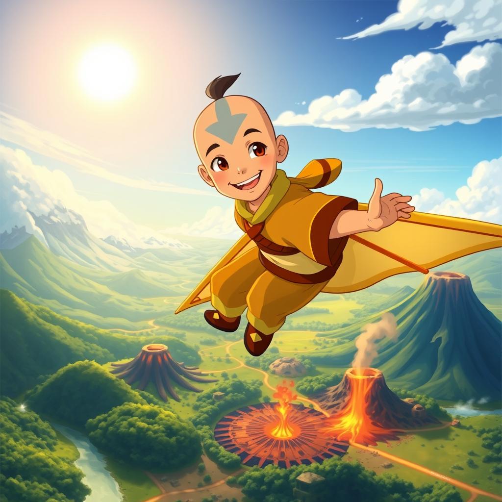 An original artwork inspired by the Legend of Aang, featuring Aang in his iconic Air Nomad attire, flying on a glider over the world of Avatar