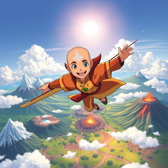 An original artwork inspired by the Legend of Aang, featuring Aang in his iconic Air Nomad attire, flying on a glider over the world of Avatar