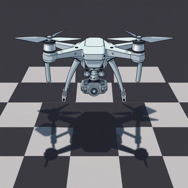 A detailed illustration of a drone hovering above a chessboard pattern, displaying a two-dimensional landing gear design