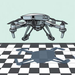 A detailed illustration of a drone hovering above a chessboard pattern, displaying a two-dimensional landing gear design