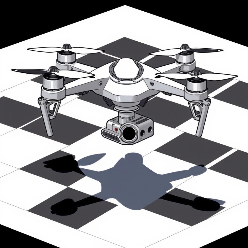 A detailed illustration of a drone hovering above a chessboard pattern, displaying a two-dimensional landing gear design