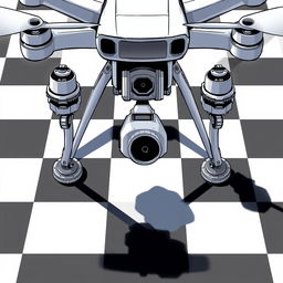 A detailed illustration of a drone hovering above a chessboard pattern, displaying a two-dimensional landing gear design