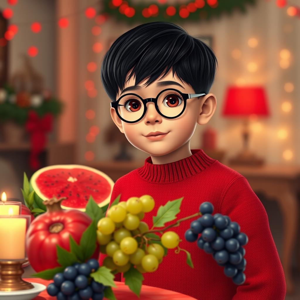 A realistic image of an 8-year-old boy with short black hair and round black glasses, wearing a red sweater