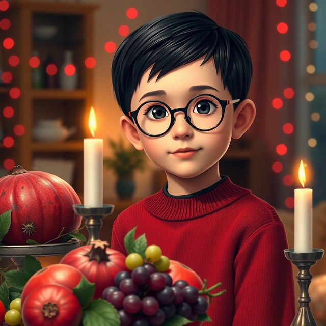 A realistic image of an 8-year-old boy with short black hair and round black glasses, wearing a red sweater