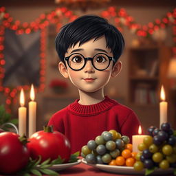 A realistic image of an 8-year-old boy with short black hair and round black glasses, wearing a red sweater