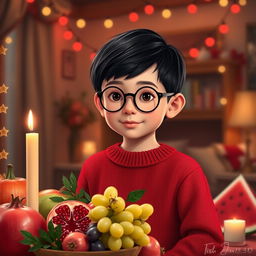 A realistic image of an 8-year-old boy with short black hair and round black glasses, wearing a red sweater
