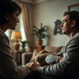 A dramatic and intense scene depicting a mother and her adult son in a moment of emotional connection, set in a tastefully designed living room that reflects warmth and family bonding