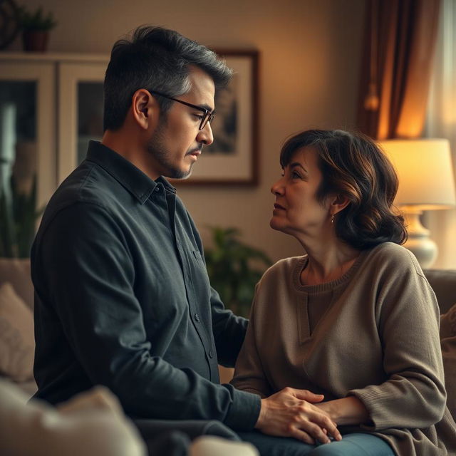 A dramatic and intense scene depicting a mother and her adult son in a moment of emotional connection, set in a tastefully designed living room that reflects warmth and family bonding