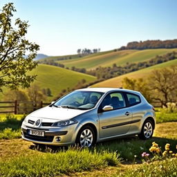 An elegant Renault Megane 2 from 2006 with a classic two-door design, featuring a vintage look that reflects its older styling