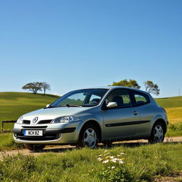 An elegant Renault Megane 2 from 2006 with a classic two-door design, featuring a vintage look that reflects its older styling