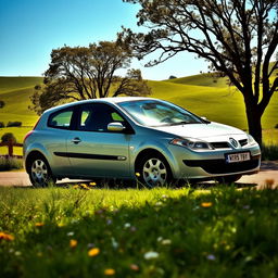 An elegant Renault Megane 2 from 2006 with a classic two-door design, featuring a vintage look that reflects its older styling