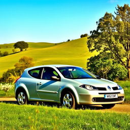 An elegant Renault Megane 2 from 2006 with a classic two-door design, featuring a vintage look that reflects its older styling