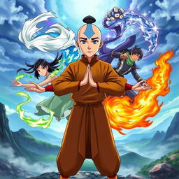 Aang in an iconic pose representing the four elements of Air, Water, Earth, and Fire, surrounded by his friends including Katara, Sokka, Toph, and Zuko