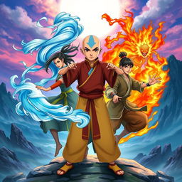 Aang in an iconic pose representing the four elements of Air, Water, Earth, and Fire, surrounded by his friends including Katara, Sokka, Toph, and Zuko