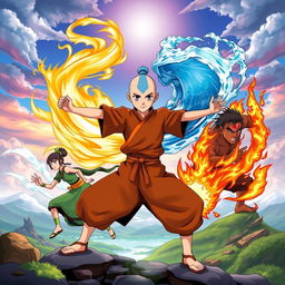 Aang in an iconic pose representing the four elements of Air, Water, Earth, and Fire, surrounded by his friends including Katara, Sokka, Toph, and Zuko