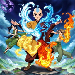 Aang in an iconic pose representing the four elements of Air, Water, Earth, and Fire, surrounded by his friends including Katara, Sokka, Toph, and Zuko