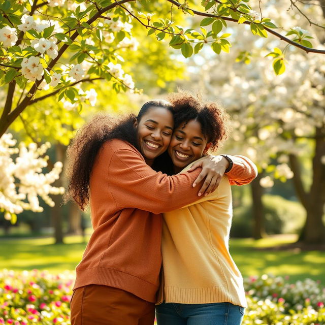 A warm and heartfelt scene depicting two people embracing each other in a loving hug