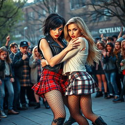 A dramatic scene in a schoolyard where a sexy, hot, beautiful, stunning, and curvy girl with medium messy black hair and crystal blue eyes is engaged in an intense struggle with another curvy, thick girl with long blond hair
