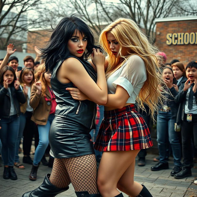 A dramatic scene in a schoolyard where a sexy, hot, beautiful, stunning, and curvy girl with medium messy black hair and crystal blue eyes is engaged in an intense struggle with another curvy, thick girl with long blond hair