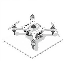 An isometric paper drawing of a drone landing gear design featuring a robust and sleek structure
