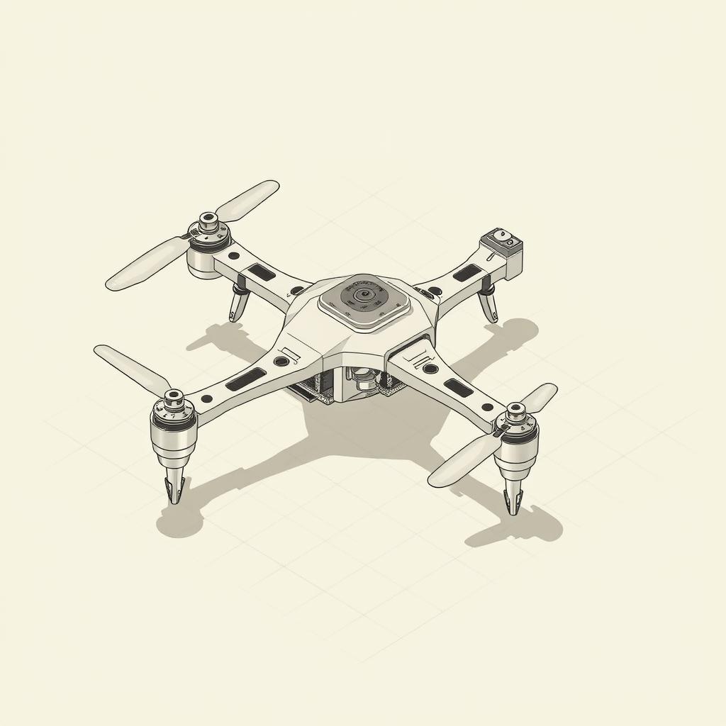 An isometric paper drawing of a drone landing gear design featuring a robust and sleek structure