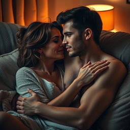 A provocative and intimate moment between a loving mother and her adult son, showcasing a tender and controversial bond