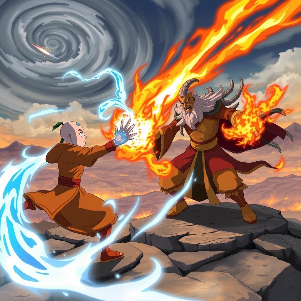 A unique and iconic scene from 'Avatar: The Last Airbender' featuring an epic battle between Aang and Fire Lord Ozai during the Sozin's Comet