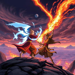 A unique and iconic scene from 'Avatar: The Last Airbender' featuring an epic battle between Aang and Fire Lord Ozai during the Sozin's Comet