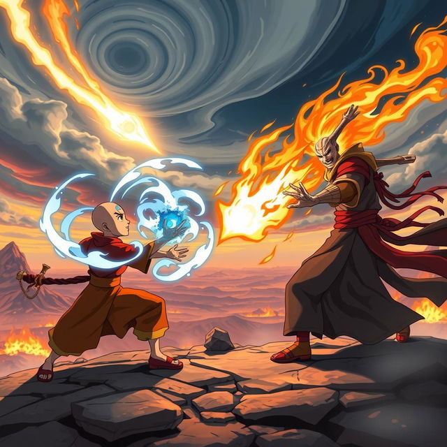 A unique and iconic scene from 'Avatar: The Last Airbender' featuring an epic battle between Aang and Fire Lord Ozai during the Sozin's Comet