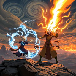 A unique and iconic scene from 'Avatar: The Last Airbender' featuring an epic battle between Aang and Fire Lord Ozai during the Sozin's Comet