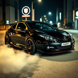 A striking Renault Megane 2 from 2006, featuring a sporty two-door design, showcased in a full black finish that adds to its aggressive and sleek appearance
