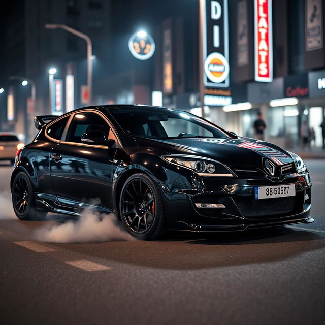 A striking Renault Megane 2 from 2006, featuring a sporty two-door design, showcased in a full black finish that adds to its aggressive and sleek appearance