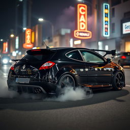 A striking Renault Megane 2 from 2006, featuring a sporty two-door design, showcased in a full black finish that adds to its aggressive and sleek appearance