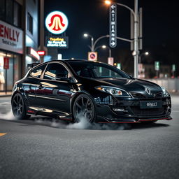 A striking Renault Megane 2 from 2006, featuring a sporty two-door design, showcased in a full black finish that adds to its aggressive and sleek appearance